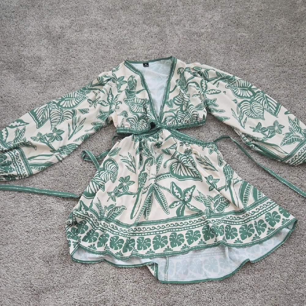 Green and Cream Floral Wrap Dress